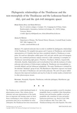 Phylogenetic Relationships of the Thuidiaceae and the Non-Monophyly of the Thuidiaceae and the Leskeaceae Based on Rbcl, Rps4 and the Rps4-Trns Intergenic Spacer