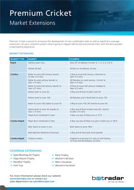 Premium Cricket Is Proud to Announce the Development of New Combination Bets As Well As Significant Coverage Extensions