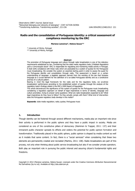 Radio and the Consolidation of Portuguese Identity: a Critical Assessment of Compliance Monitoring by the ERC