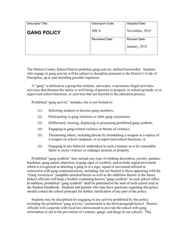 GANG POLICY JDCA November, 2010 Reviewed Date: Revised Date