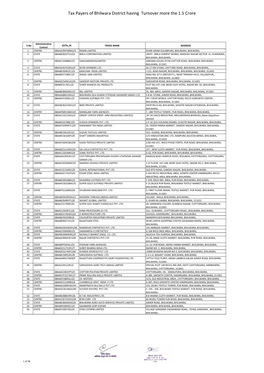 Tax Payers of Bhilwara District Having Turnover More the 1.5 Crore