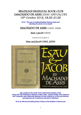 BRAZILIAN BILINGUAL BOOK CLUB |MACHADO DE ASSIS|ESAU and JACOB | 18Th October 2018, 18.30-21.00