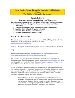 Sports/Leisure: Teaching About Sports/Leisure in Milwaukee the Following Activities Are from “The Making of Milwaukee” On-Line Curriculum