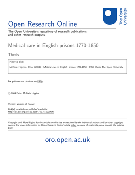 Medical Care in English Prisons 1770-1850