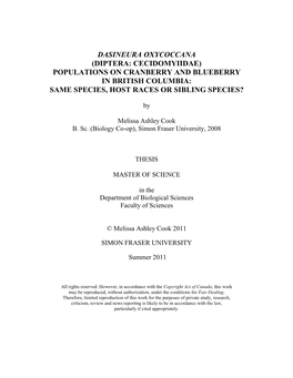 Dasineura Oxycoccana (Diptera: Cecidomyiidae) Populations on Cranberry and Blueberry in British Columbia: Same Species, Host Races Or Sibling Species?