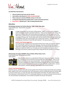 July 2018 Wine Club Selections • Only One Bottle of Each Wine May Be