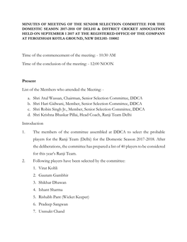 Minutes of Meeting of the Senior Selection Committee For