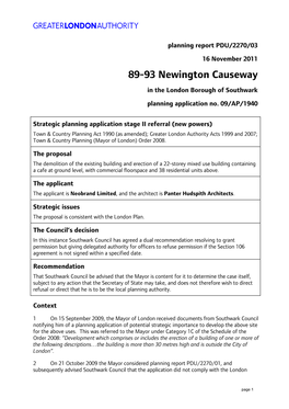 89-93 Newington Causeway in the London Borough of Southwark Planning Application No