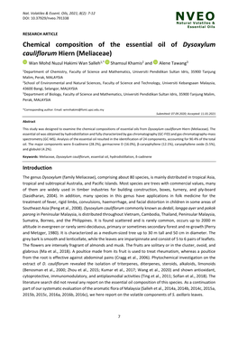 Chemical Composition of the Essential Oil of Dysoxylum Cauliflorum Hiern (Meliaceae) Wan Mohd Nuzul Hakimi Wan Salleh1,* Shamsul Khamis2 and Alene Tawang3