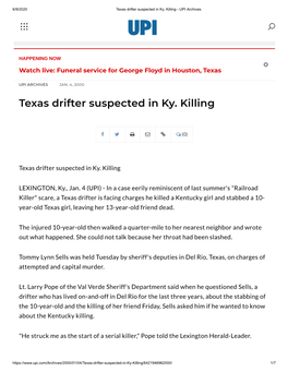 Texas Drifter Suspected in Ky. Killing - UPI Archives