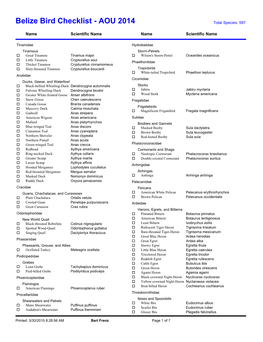 Belize Bird Checklist - AOU 2014 Total Species: 597