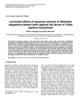 Larvicidal Effects of Aqueous Extracts of Balanites Aegyptiaca (Desert Date) Against the Larvae of Culex Pipiens Mosquitoes