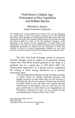 Wall Street's Gilded Age: Nicknames Ofher Capitalists and Robber Barons