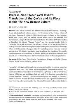 Islam in Zion? Yosef Yo’El Rivlin’S Translation of the Qur’An and Its Place Within the New Hebrew Culture