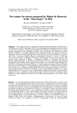 New Names for Mosses Proposed by Palisot De Beauvois in His “Muscologie” of 1822