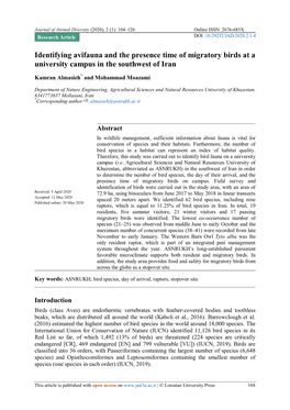 Identifying Avifauna and the Presence Time of Migratory Birds at a University Campus in the Southwest of Iran