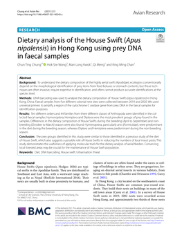 Dietary Analysis of the House Swift (Apus Nipalensis) in Hong Kong Using Prey DNA in Faecal Samples