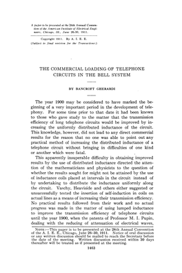 THE COMMERCIAL LOADING of TELEPHONE CIRCUITS in the BELL SYSTEM the Year 1900 May Be Considered to Have Marked the Be Ginning