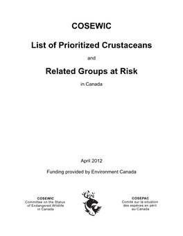 COSEWIC List of Prioritized Crustaceans Related Groups at Risk