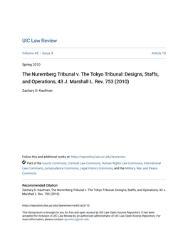 The Nuremberg Tribunal V. the Tokyo Tribunal: Designs, Staffs, and Operations, 43 J