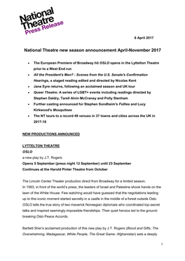 National Theatre New Season Announcement April-November 2017