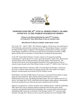 Nominees for the 30 Annual Sports Emmy® Awards Announce at Img World Congress of Sports