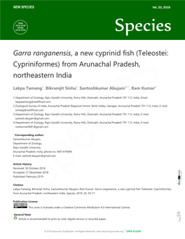 Garra Ranganensis, a New Cyprinid Fish (Teleostei: Cypriniformes) from Arunachal Pradesh, Northeastern India