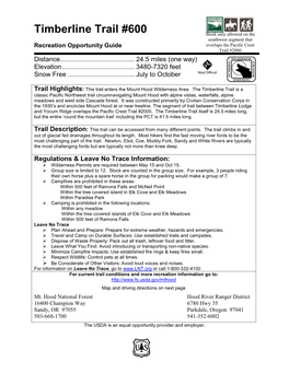 Timberline Trail #600 Stock Only Allowed on the Southwest Segment That Recreation Opportunity Guide Overlaps the Pacific Crest Trail #2000