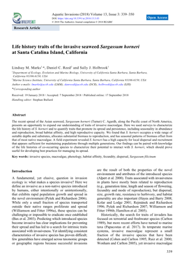 Life History Traits of the Invasive Seaweed Sargassum Horneri at Santa Catalina Island, California