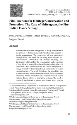 Film Tourism for Heritage Conservation and Promotion: the Case of Nrityagram, the First Indian Dance Village