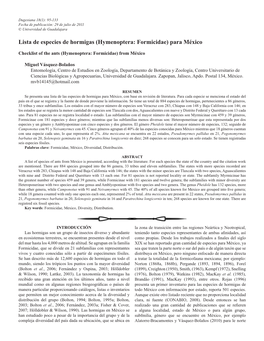 Lista De Especies De Hormigas (Hymenoptera: Formicidae) Para México