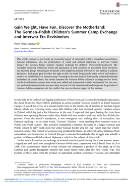 Gain Weight, Have Fun, Discover the Motherland: the German–Polish Children’S Summer Camp Exchange and Interwar Era Revisionism