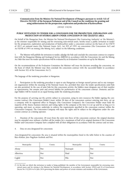 Communication from the Minister for National Development of Hungary Pursuant to Article 3(2) of Directive 94/22/EC of the Europe