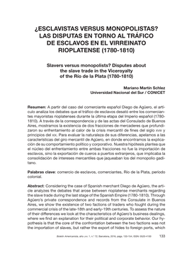 ¿Esclavistas Versus Monopolistas? Las Disputas En Torno Al Tráfico De Esclavos En El Virreinato Rioplatense (1780-1810)