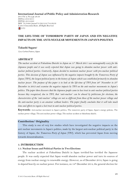 THE LIFE-TIME of TOMORROW PARTY of JAPAN and ITS NEGATIVE IMPACTS on the ANTI-NUCLEAR MOVEMENTS in JAPAN's POLITICS Takashi Sa