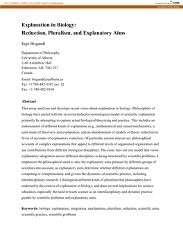 Explanation in Biology: Reduction, Pluralism, and Explanatory Aims