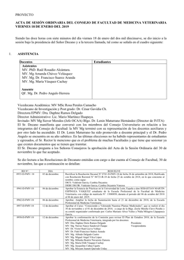 PROYECTO ACTA DE SESIÓN ORDINARIA DEL CONSEJO DE FACULTAD DE MEDICINA VETERINARIA VIERNES 18 DE ENERO DEL 2019 Siendo Las Doce