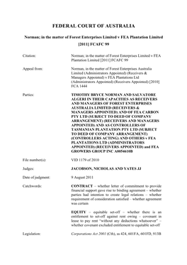 Norman in the Matter of Forest Enterprises Australia Ltd V Fea Plantations Pty Ltd 9 August 2011