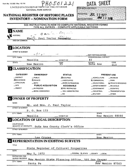 DATA SHEET, UNITED STATES DEPARTMENTEN of the INTERIOR NATIONAL PARK SERVICE NATIONAL REGISTER of HISTORIC PLACES INVENTORY -- NOMINATION FORM Illilllllill