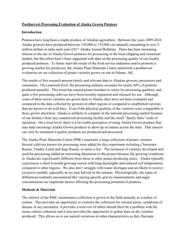 Postharvest Processing Evaluation of Alaska Grown Potatoes Introduction Potatoes Have Long Been a Staple Produce of Alaskan Agri