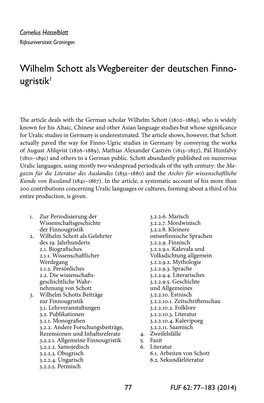 Wilhelm Schott Als Wegbereiter Der Deutschen Finno- Ugristik1