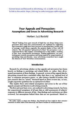 Fear Appeals and Persuasion: Assumptions and Errors in Advertising Research Herbert Jack Rotfeld