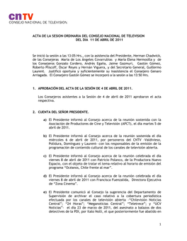 Acta De La Sesion Ordinaria Del Consejo Nacional De Television Del Dia 11 De Abril De 2011