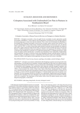 Coleoptera Associated with Undisturbed Cow Pats in Pastures in Southeastern Brazil