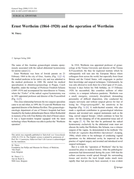 Ernst Wertheim (1864–1920) and the Operation of Wertheim