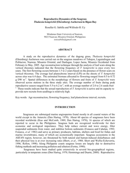 Reproductive Dynamics of the Seagrass Thalassia Hemprichii (Ehrenberg) Ascherson in Iligan Bay Roseller G. Sabilla and Wilfredo