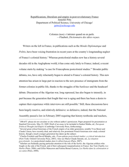 Republicanism, Liberalism and Empire in Post-Revolutionary France Jennifer Pitts Department of Political Science, University of Chicago1 Jpitts@Uchicago.Edu