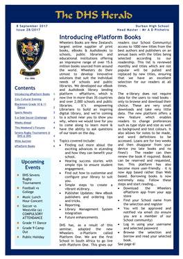 8 September 2017 Durban High School Issue 28/2017 Head Master : Mr a D Pinheiro