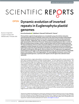 Dynamic Evolution of Inverted Repeats in Euglenophyta Plastid Genomes Received: 18 April 2018 Anna Karnkowska 1, Matthew S