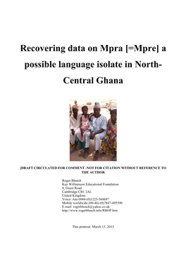 Recovering Data on Mpra [=Mpre] a Possible Language Isolate in North- Central Ghana